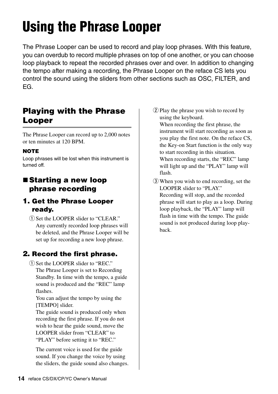 Using the phrase looper, Playing with the phrase looper | Yamaha Reface YC User Manual | Page 20 / 60