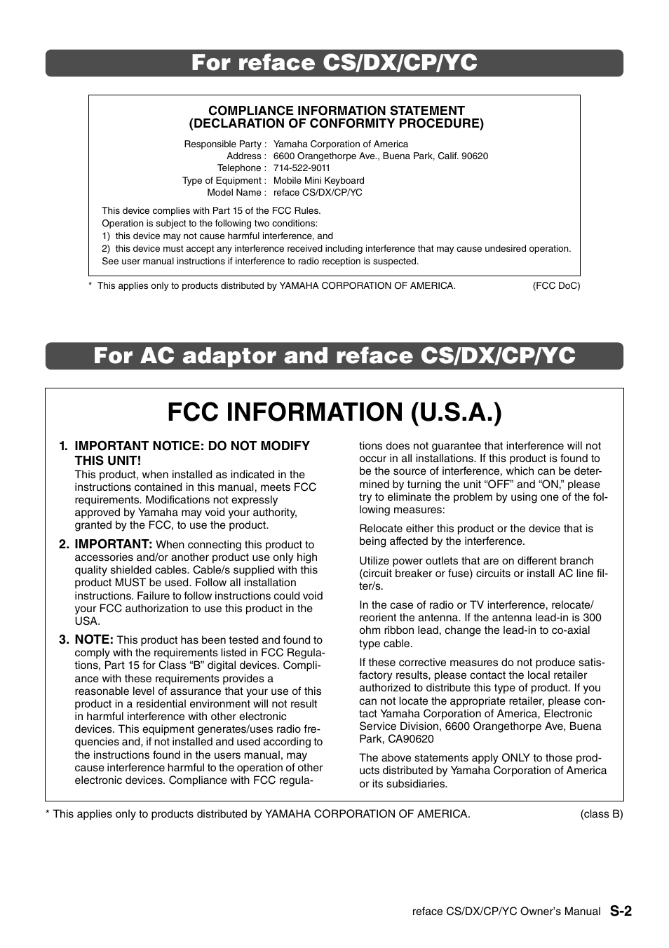 Fcc information (u.s.a.), For reface cs/dx/cp/yc, For ac adaptor and reface cs/dx/cp/yc | Yamaha Reface YC User Manual | Page 3 / 60