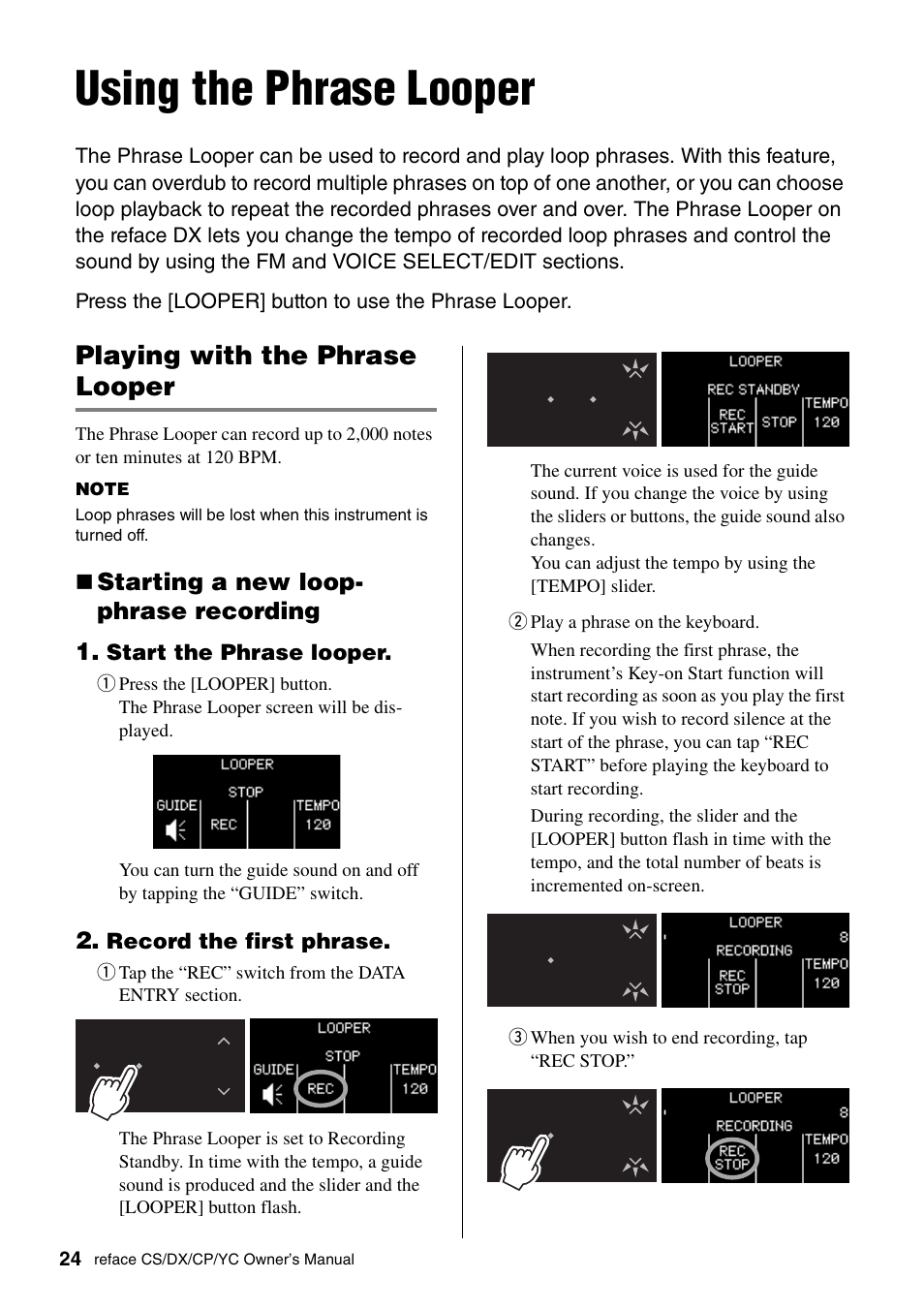 Using the phrase looper, Playing with the phrase looper | Yamaha Reface YC User Manual | Page 30 / 60