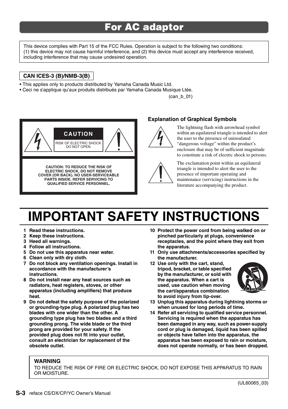 Important safety instructions, For ac adaptor | Yamaha Reface YC User Manual | Page 4 / 60