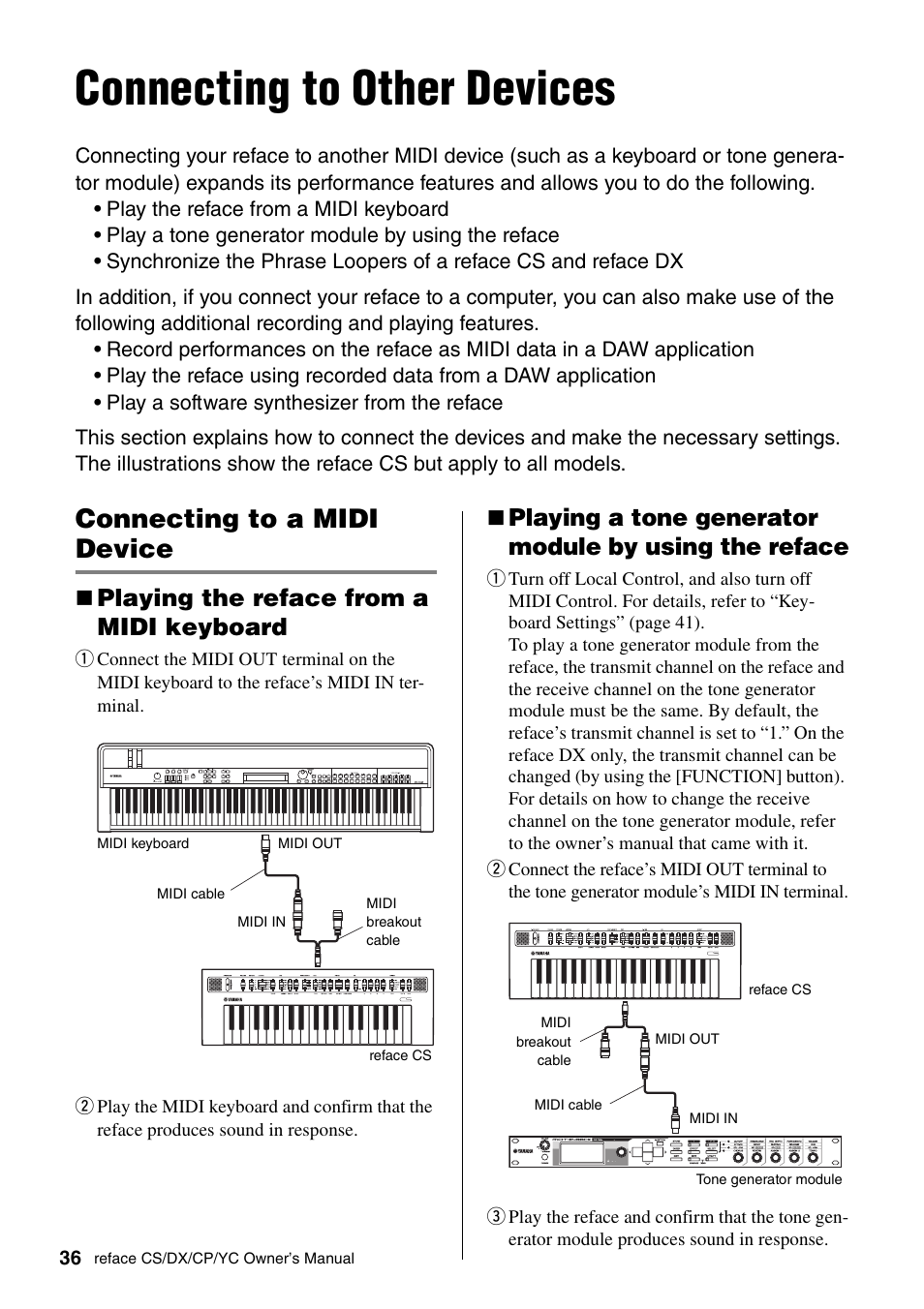 Connecting to other devices, Connecting to a midi device, Playing the reface from a midi keyboard | Yamaha Reface YC User Manual | Page 42 / 60