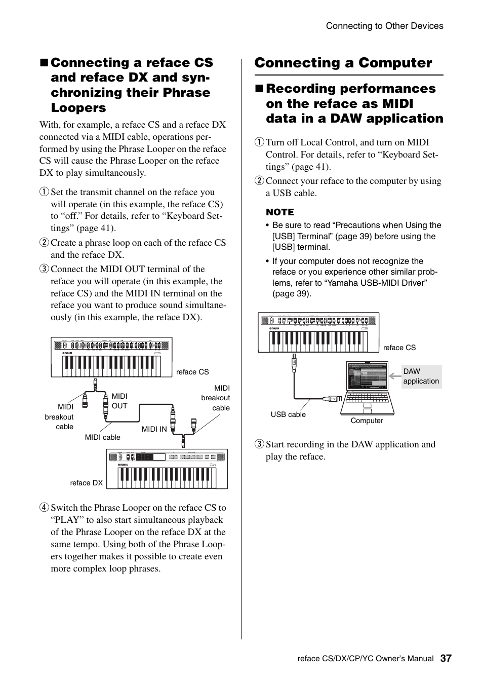 Connecting a computer | Yamaha Reface YC User Manual | Page 43 / 60