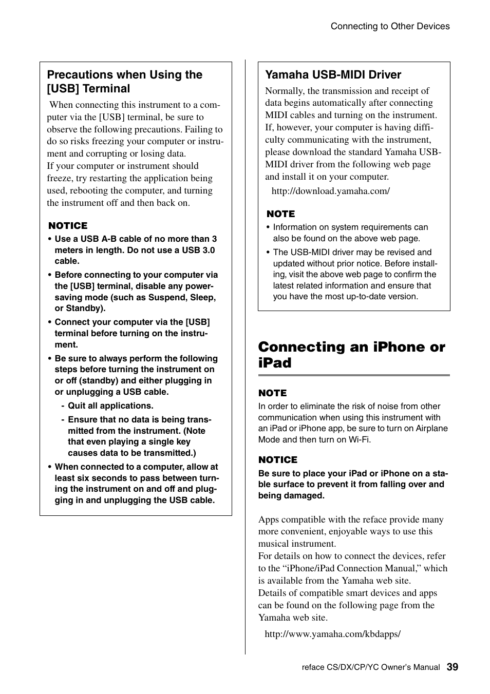 Precautions when using the [usb] terminal, Yamaha usb-midi driver, Connecting an iphone or ipad | Precautions when, Using the [usb] terminal, Precautions when using the, Usb] terminal, E 39 | Yamaha Reface YC User Manual | Page 45 / 60