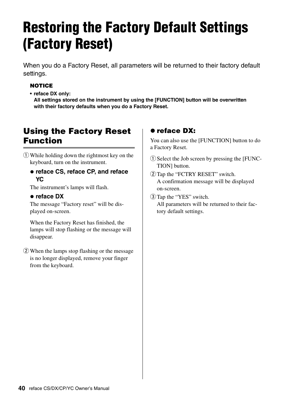 Using the factory reset function | Yamaha Reface YC User Manual | Page 46 / 60