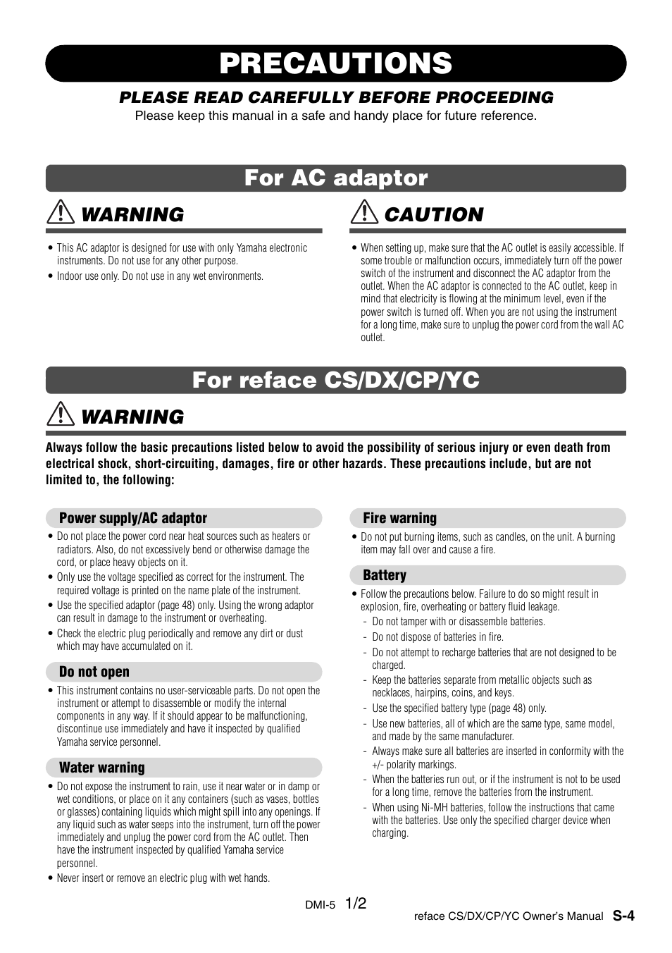 Precautions, For ac adaptor for reface cs/dx/cp/yc, Warning | Caution, Please read carefully before proceeding | Yamaha Reface YC User Manual | Page 5 / 60