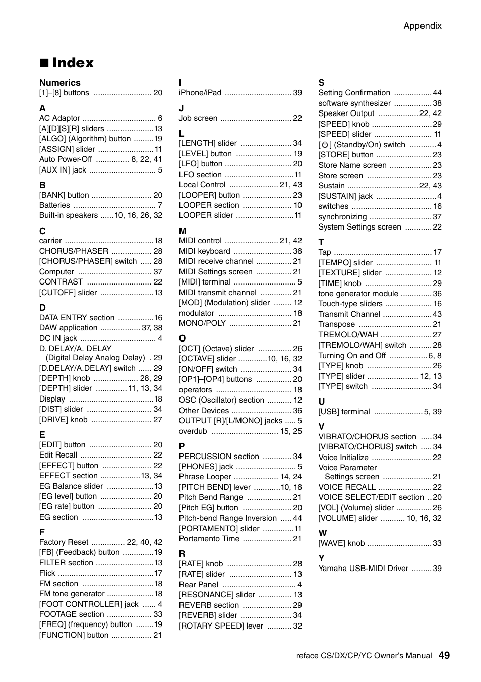 Index | Yamaha Reface YC User Manual | Page 55 / 60