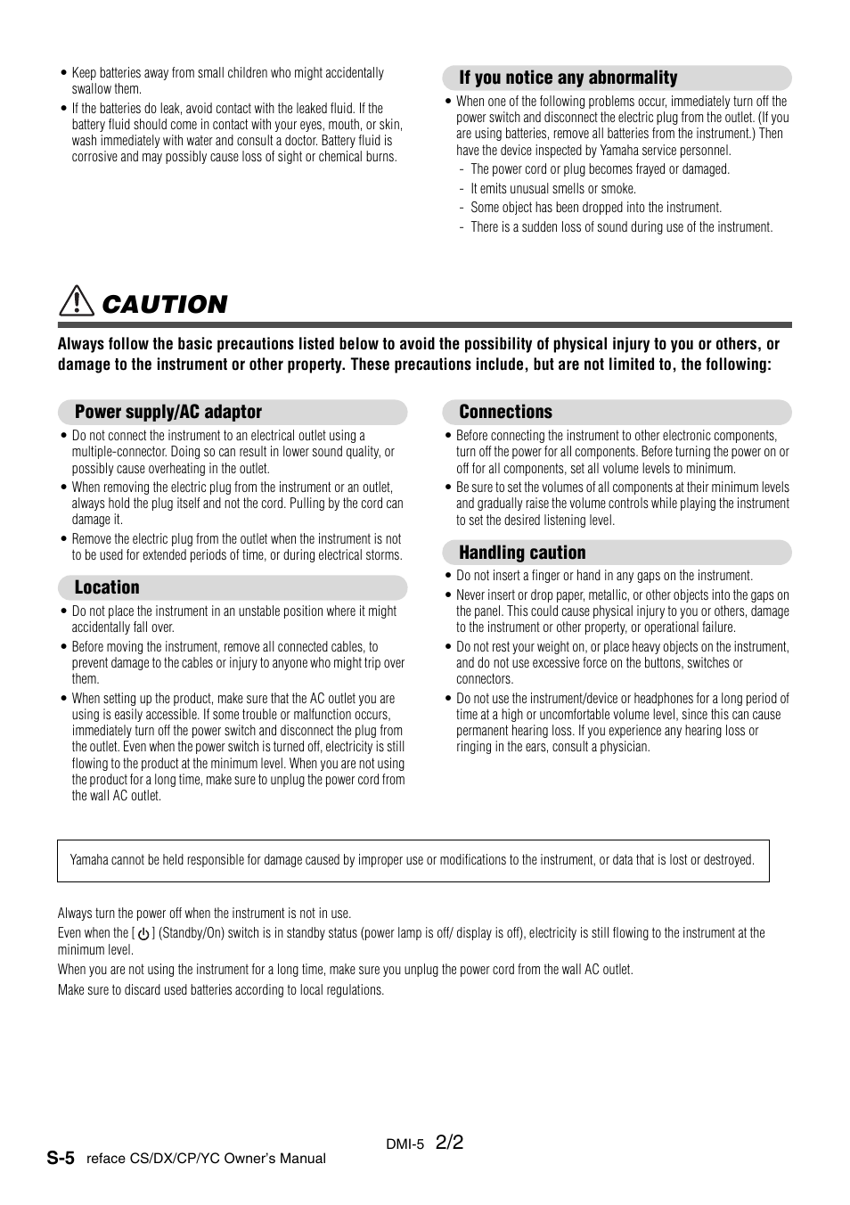 Caution | Yamaha Reface YC User Manual | Page 6 / 60