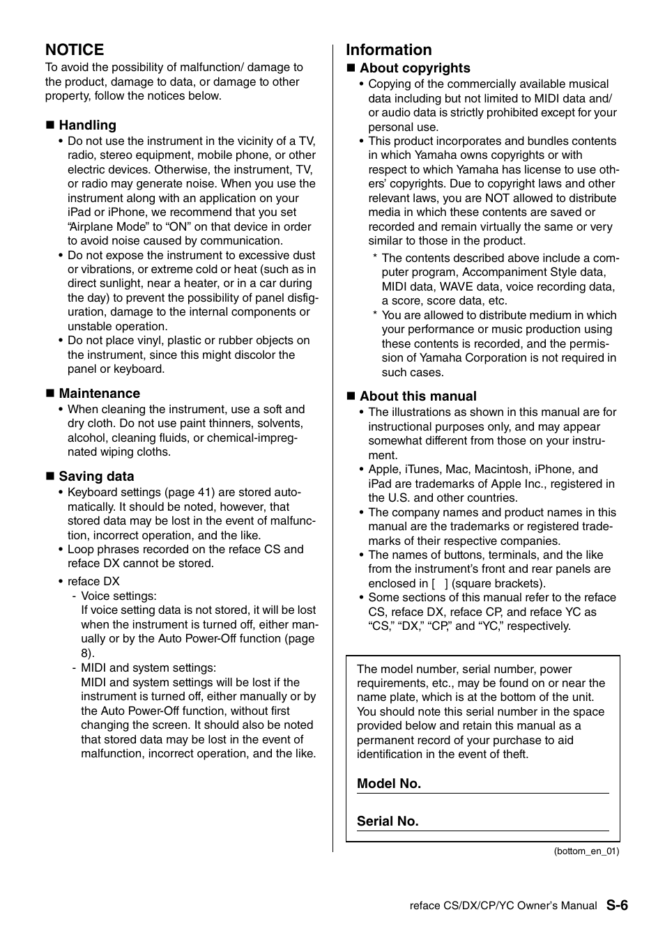 Notice, Information | Yamaha Reface YC User Manual | Page 7 / 60