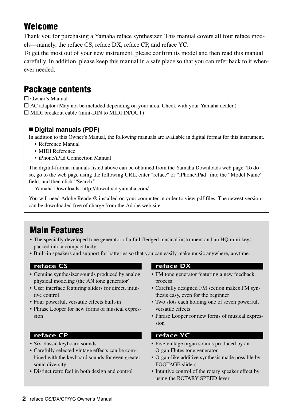 Welcome, Package contents, Main features | Yamaha Reface YC User Manual | Page 8 / 60