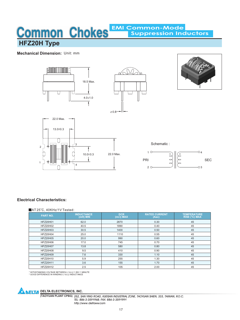 Delta Electronics Suppression Inductors HFZ20H User Manual | 1 page