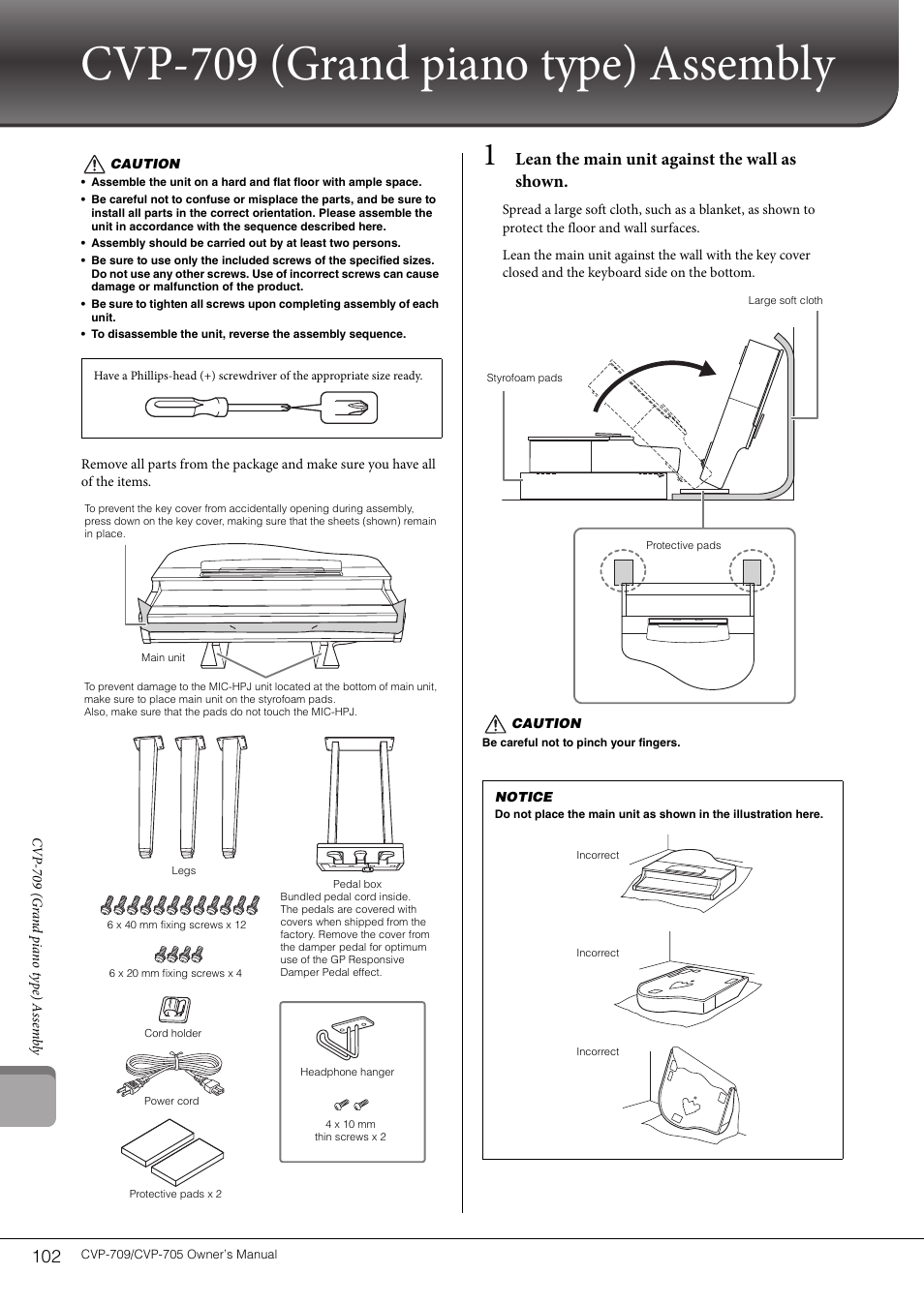 Cvp-709 (grand piano type) assembly, Lean the main unit against the wall as shown | Yamaha CVP-705B User Manual | Page 102 / 128