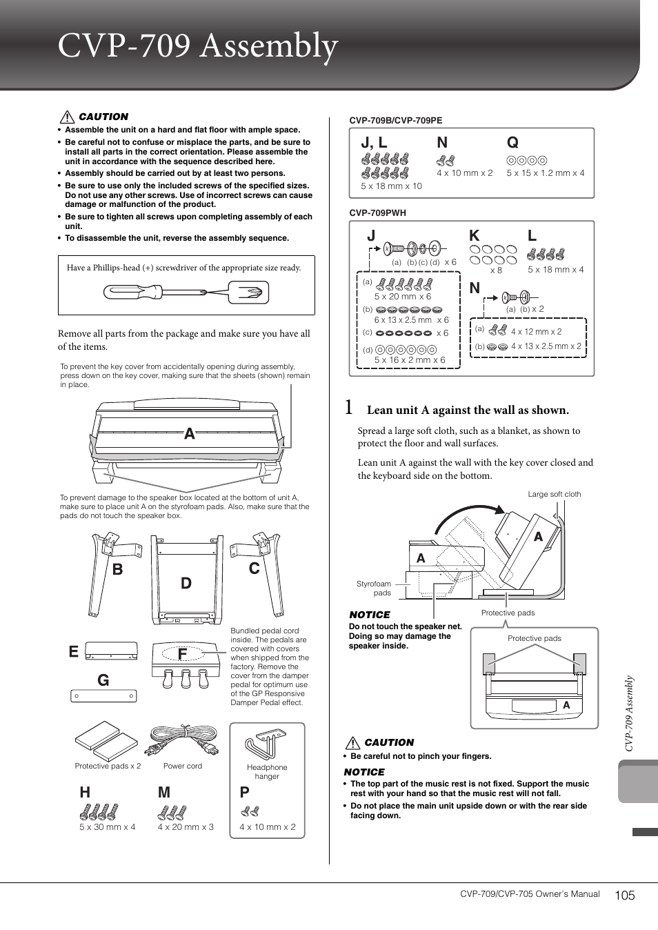 Cvp-709 assembly, Lean unit a against the wall as shown | Yamaha CVP-705B User Manual | Page 105 / 128