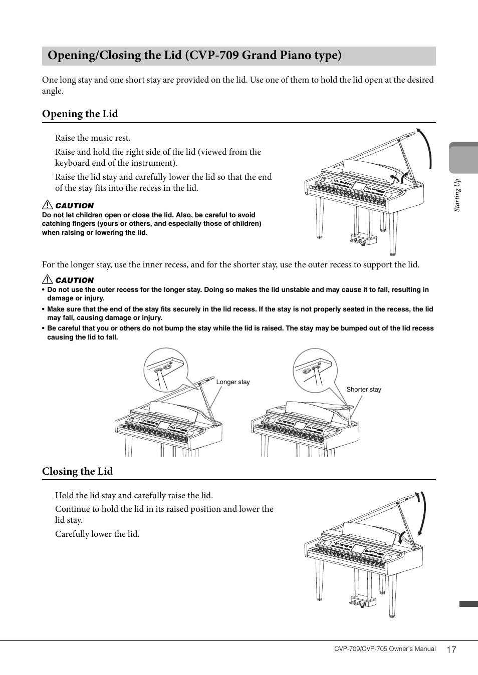 Opening/closing the lid (cvp-709 grand piano type), Opening the lid, Closing the lid | Yamaha CVP-705B User Manual | Page 17 / 128