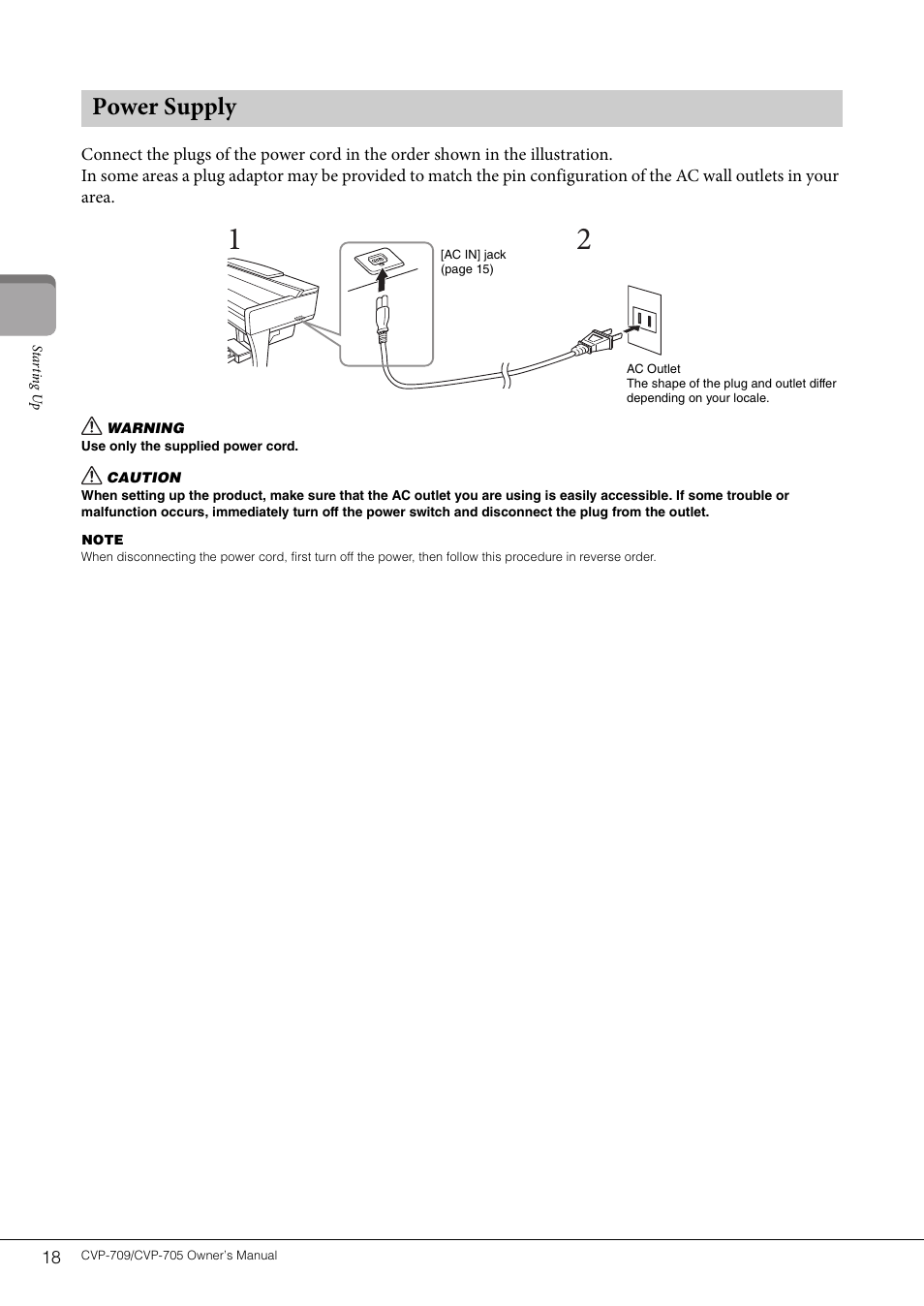 Power supply | Yamaha CVP-705B User Manual | Page 18 / 128