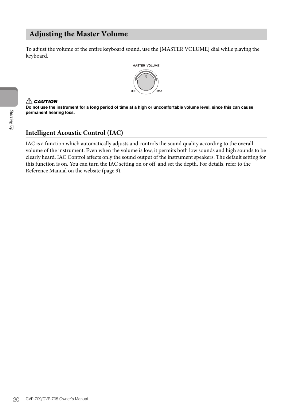 Adjusting the master volume, Intelligent acoustic control (iac) | Yamaha CVP-705B User Manual | Page 20 / 128