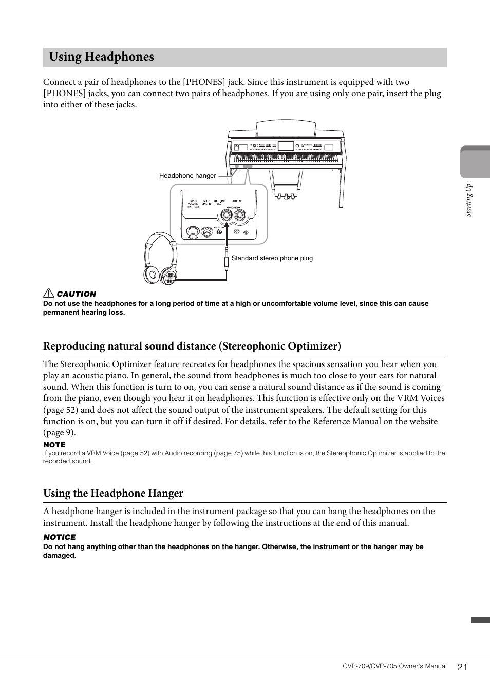 Using headphones, Using the headphone hanger | Yamaha CVP-705B User Manual | Page 21 / 128