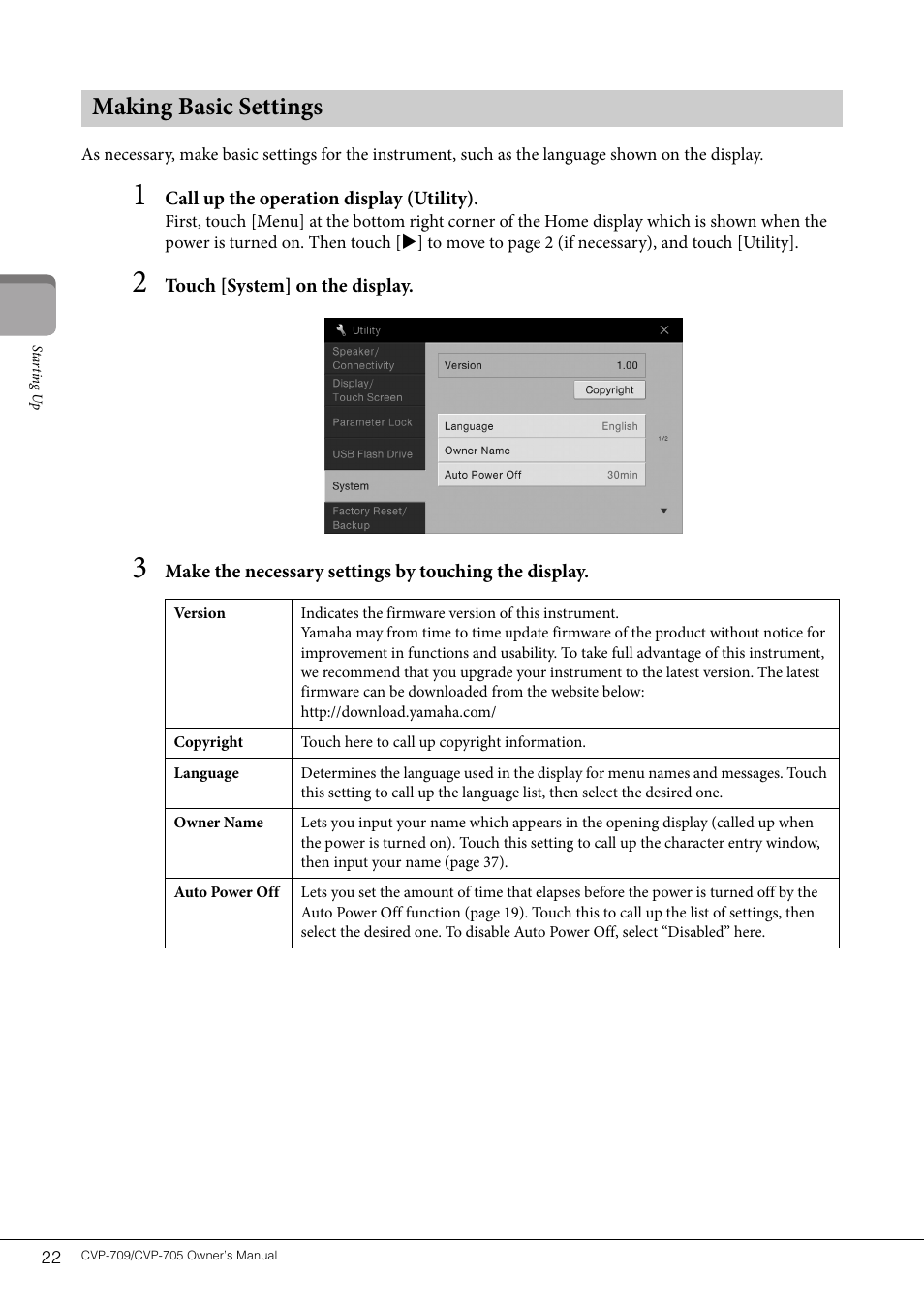 Making basic settings | Yamaha CVP-705B User Manual | Page 22 / 128