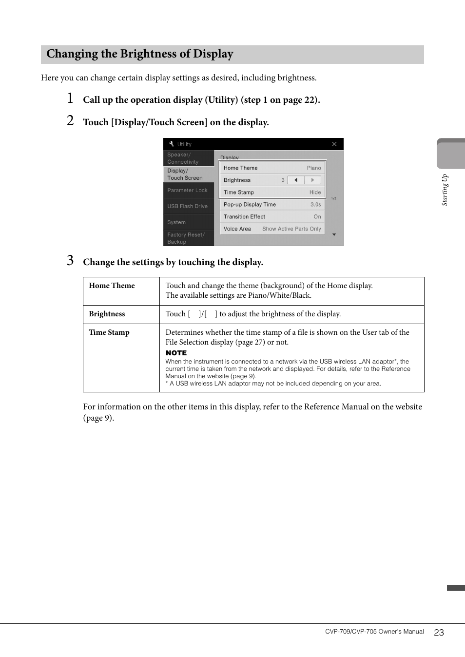 Changing the brightness of display | Yamaha CVP-705B User Manual | Page 23 / 128