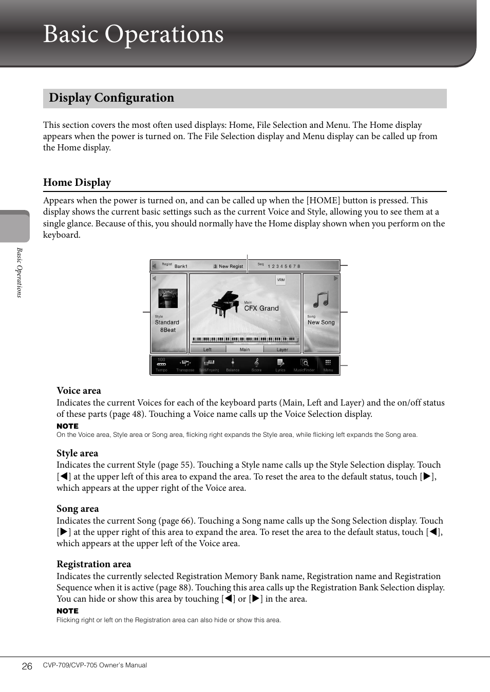 Basic operations, Display configuration, Home display | Yamaha CVP-705B User Manual | Page 26 / 128