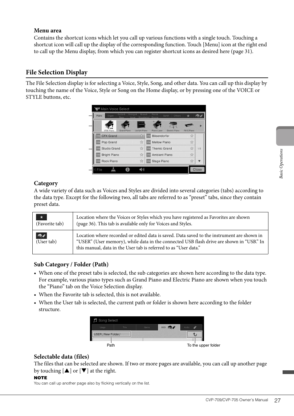 File selection display, Menu area, Category | Sub category / folder (path), Selectable data (files) | Yamaha CVP-705B User Manual | Page 27 / 128