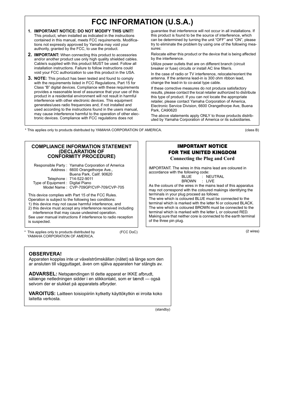 Fcc information (u.s.a.) | Yamaha CVP-705B User Manual | Page 3 / 128