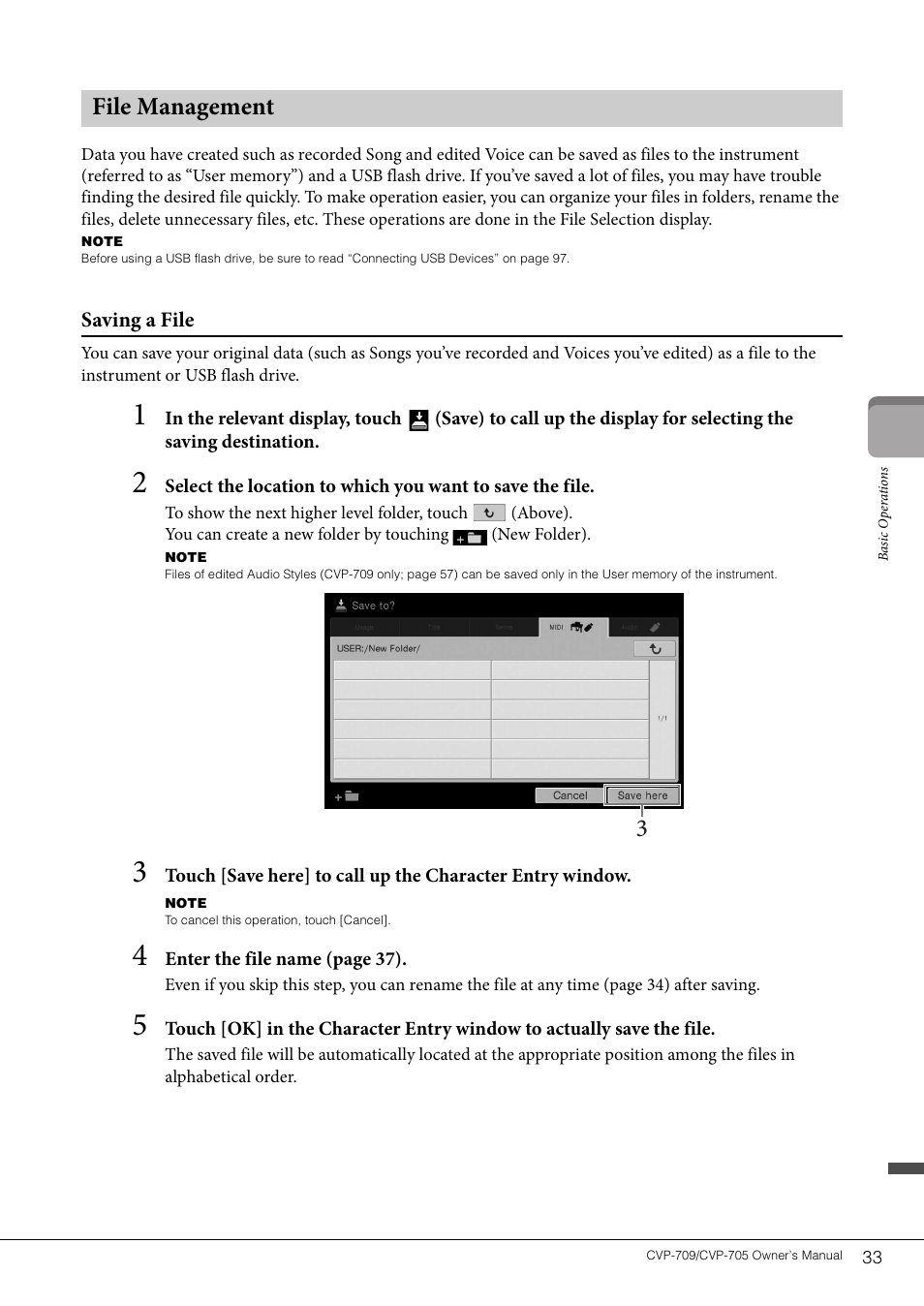 File management, S 33 – 37, o, File management 3 | Yamaha CVP-705B User Manual | Page 33 / 128