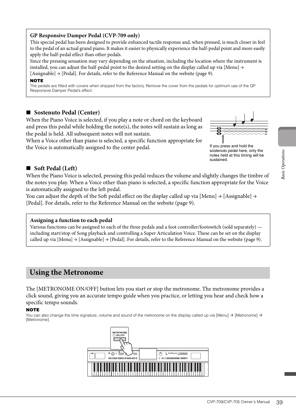 Using the metronome, Sostenuto pedal (center), Soft pedal (left) | Yamaha CVP-705B User Manual | Page 39 / 128