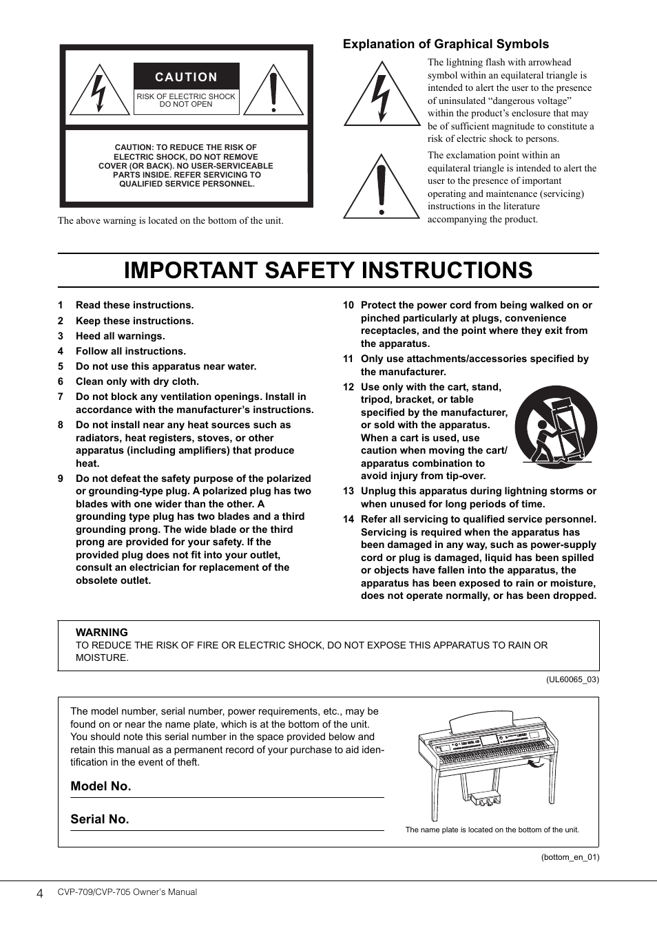 Important safety instructions, Explanation of graphical symbols, Model no. serial no | Yamaha CVP-705B User Manual | Page 4 / 128