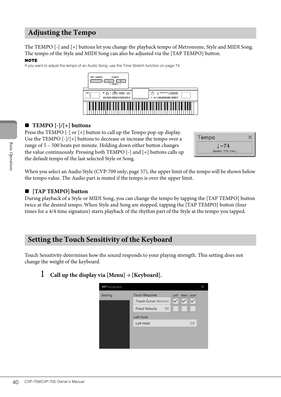 Adjusting the tempo, Setting the touch sensitivity of the keyboard | Yamaha CVP-705B User Manual | Page 40 / 128