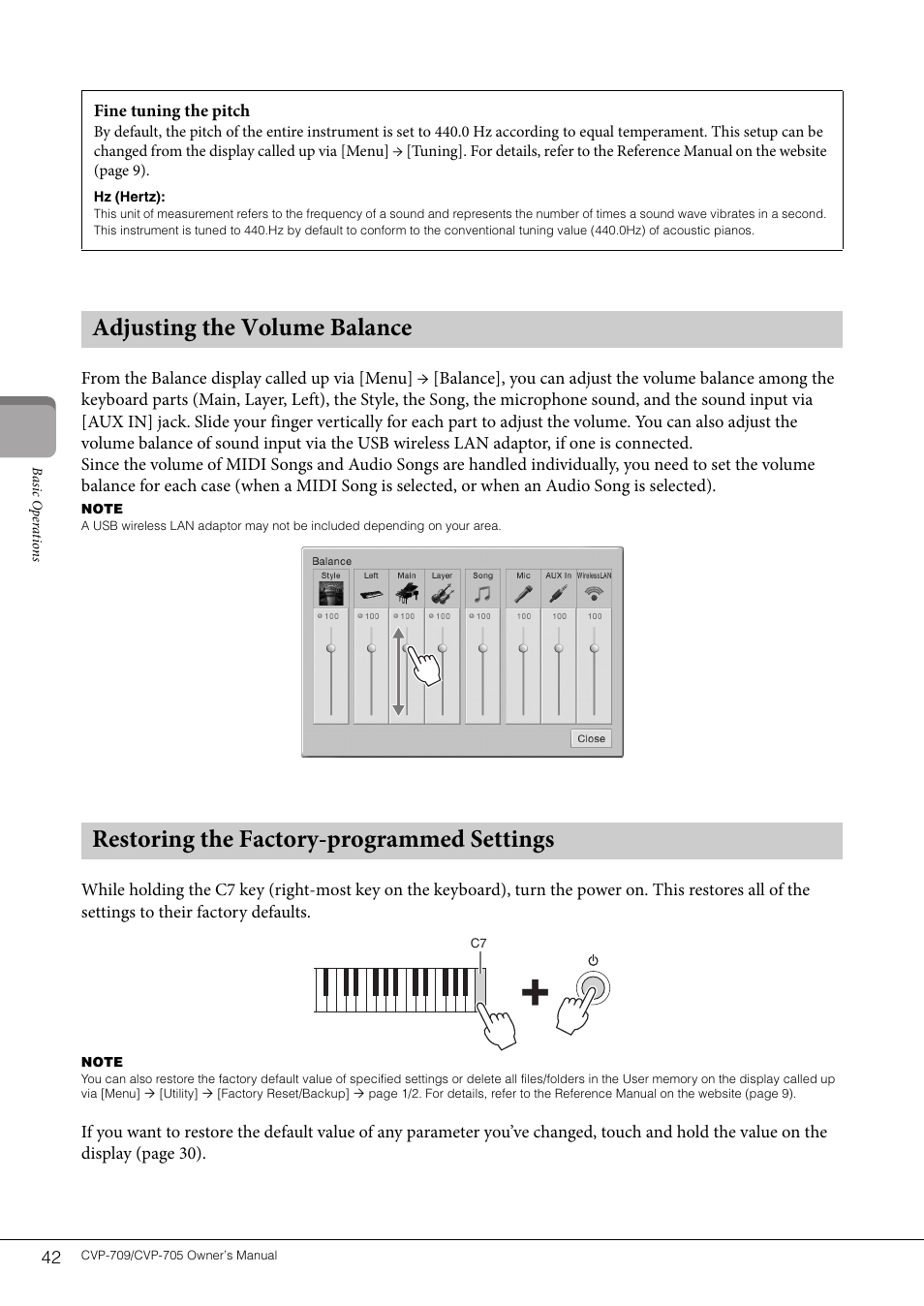 Adjusting the volume balance, Restoring the factory-programmed settings | Yamaha CVP-705B User Manual | Page 42 / 128