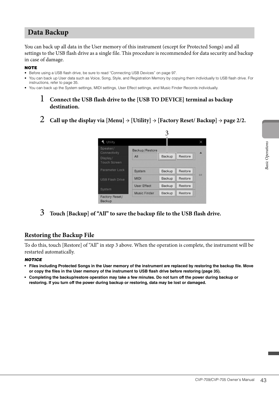 Data backup, Data backup 3, Restoring the backup file | Yamaha CVP-705B User Manual | Page 43 / 128