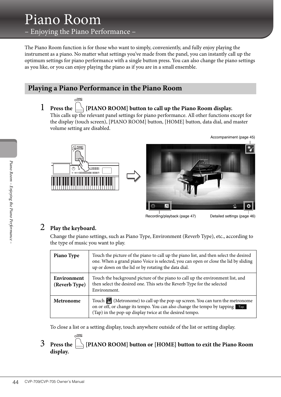 Piano room – enjoying the piano performance, Playing a piano performance in the piano room, Piano room | Enjoying the piano performance | Yamaha CVP-705B User Manual | Page 44 / 128