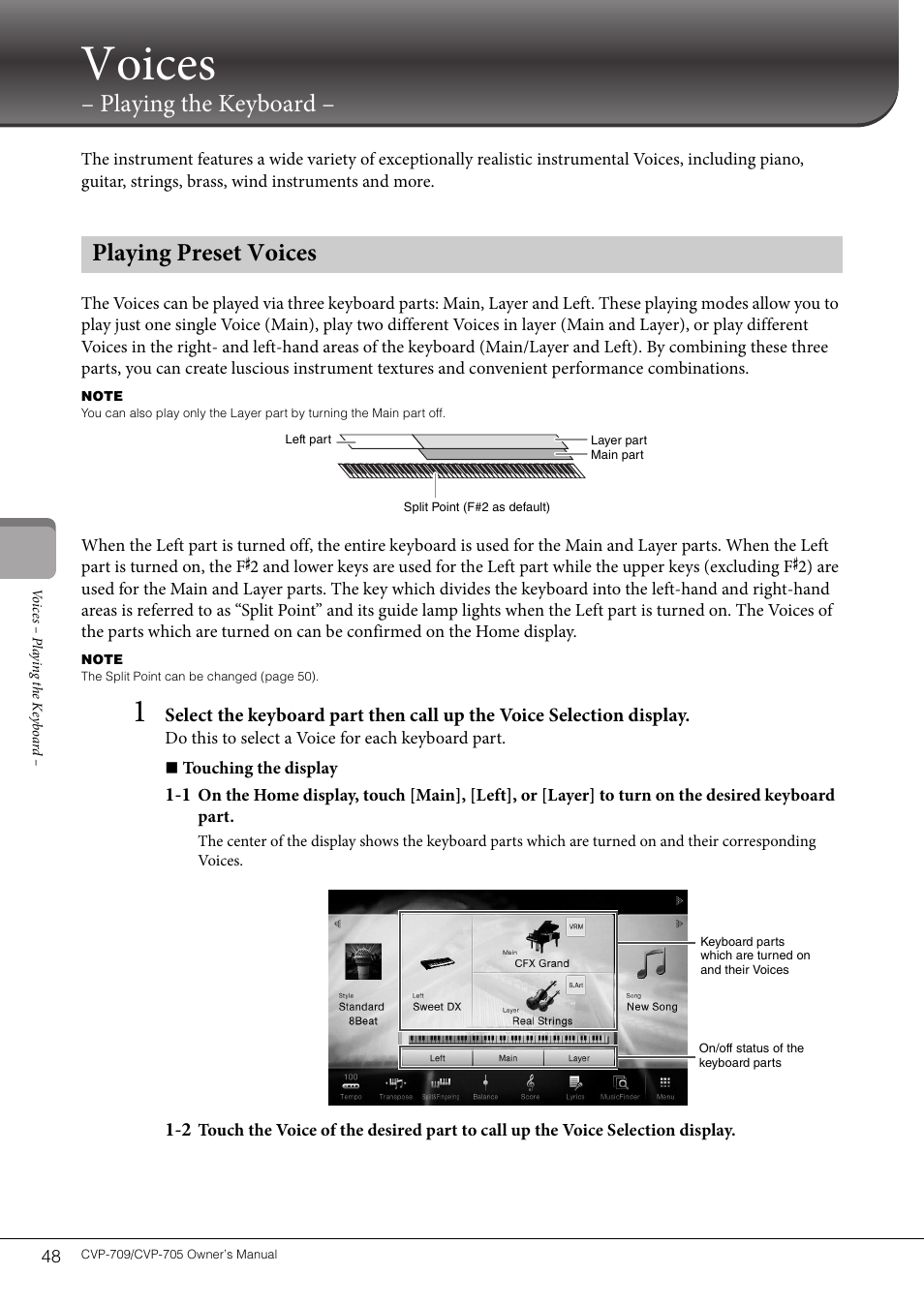 Voices – playing the keyboard, Playing preset voices, Voices | Playing the keyboard | Yamaha CVP-705B User Manual | Page 48 / 128