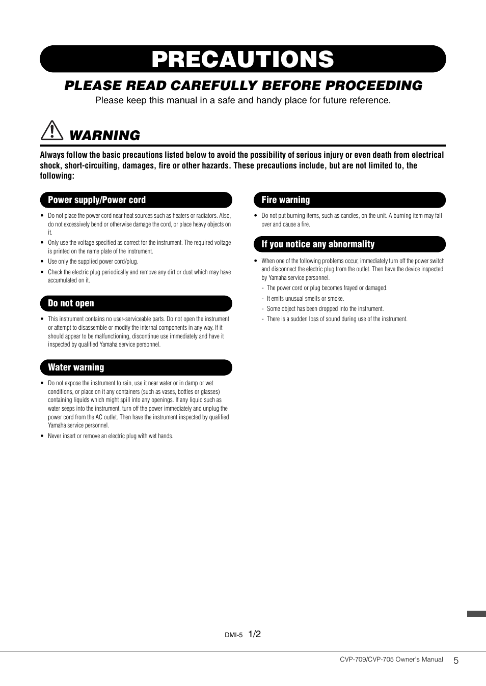 Precautions, Please read carefully before proceeding, Warning | Yamaha CVP-705B User Manual | Page 5 / 128