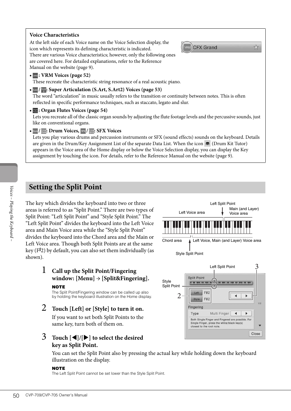 Setting the split point | Yamaha CVP-705B User Manual | Page 50 / 128