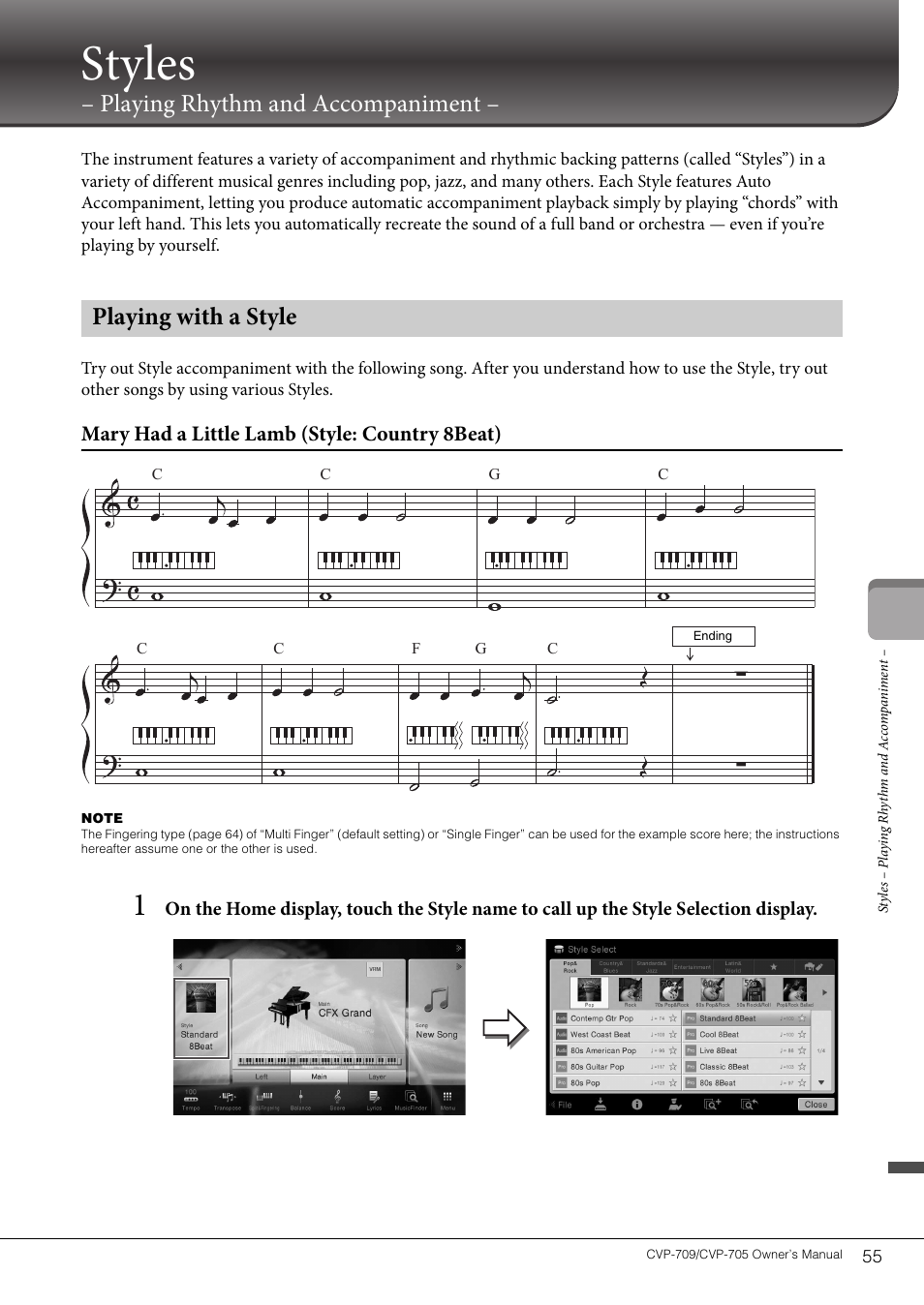 Styles – playing rhythm and accompaniment, Playing with a style, Styles | Playing rhythm and accompaniment, Mary had a little lamb (style: country 8beat) | Yamaha CVP-705B User Manual | Page 55 / 128