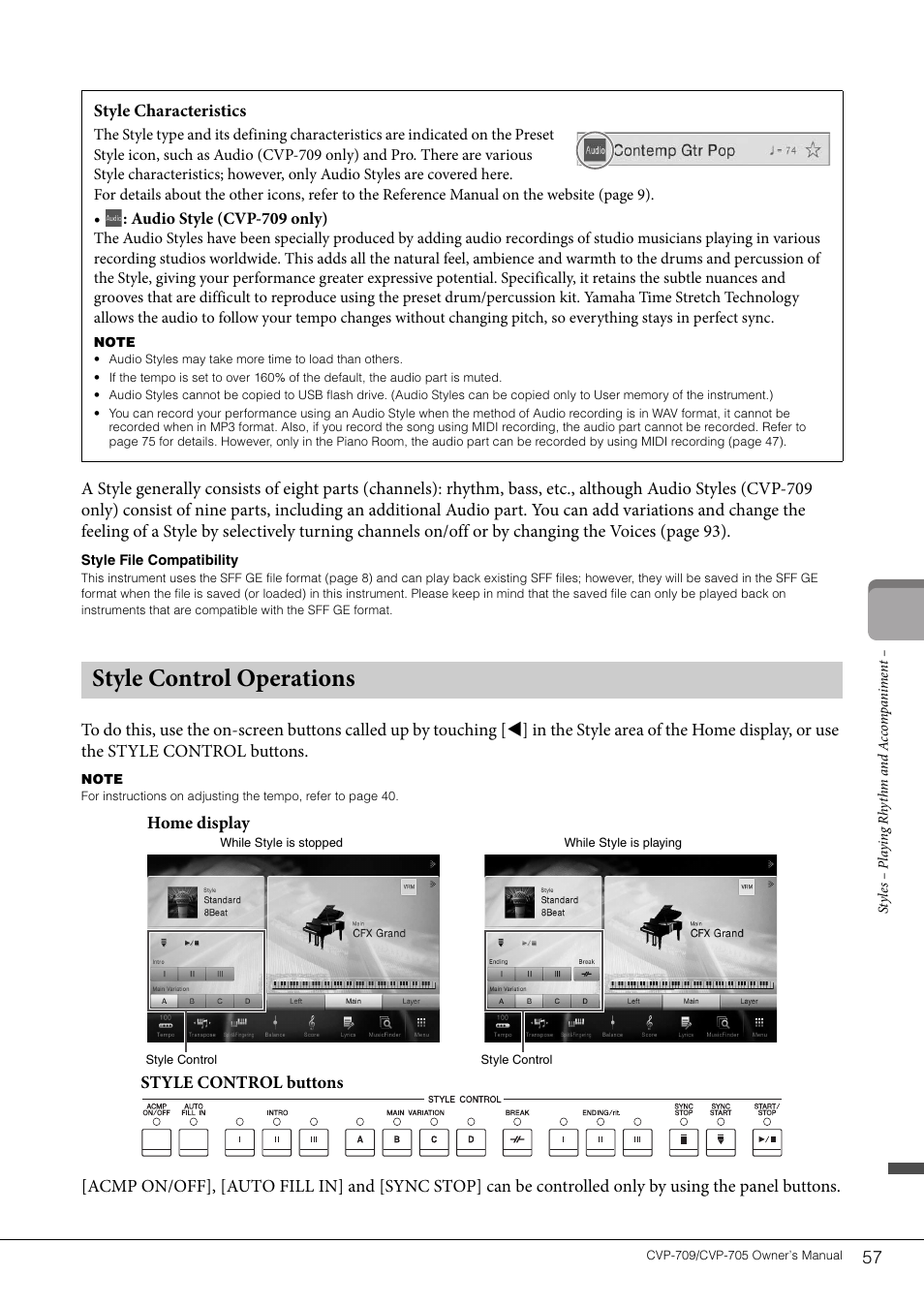 Style control operations, Style control buttons home display | Yamaha CVP-705B User Manual | Page 57 / 128