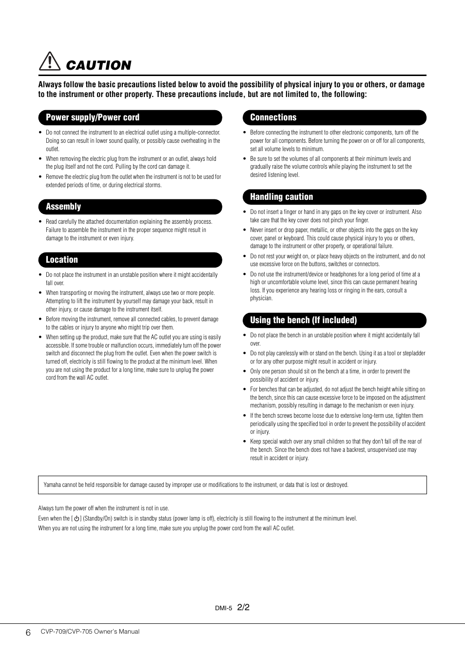 Caution | Yamaha CVP-705B User Manual | Page 6 / 128