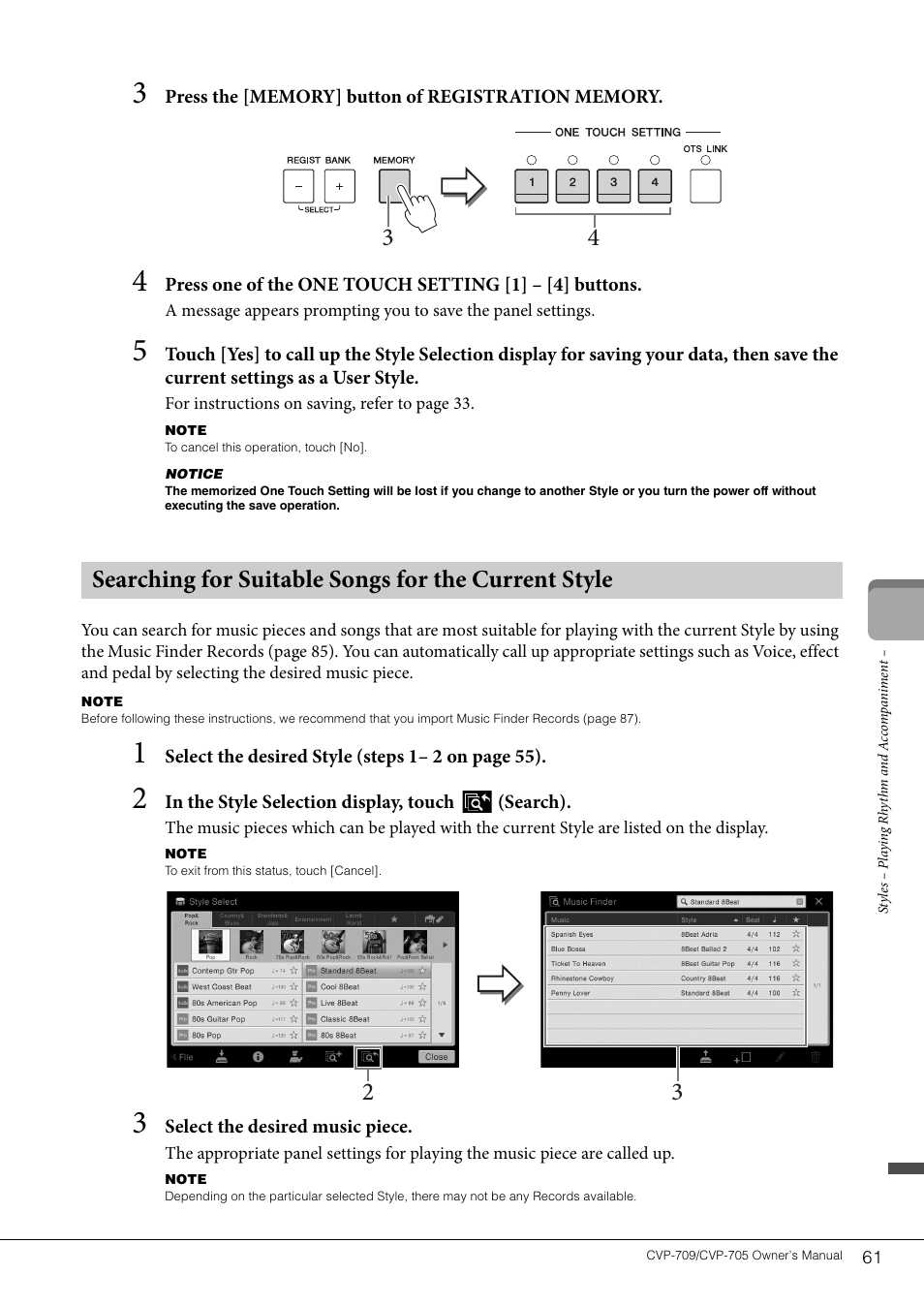 Searching for suitable songs for the current style | Yamaha CVP-705B User Manual | Page 61 / 128