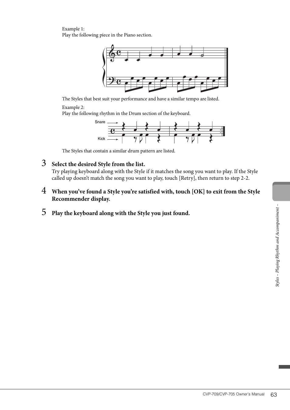 Select the desired style from the list | Yamaha CVP-705B User Manual | Page 63 / 128