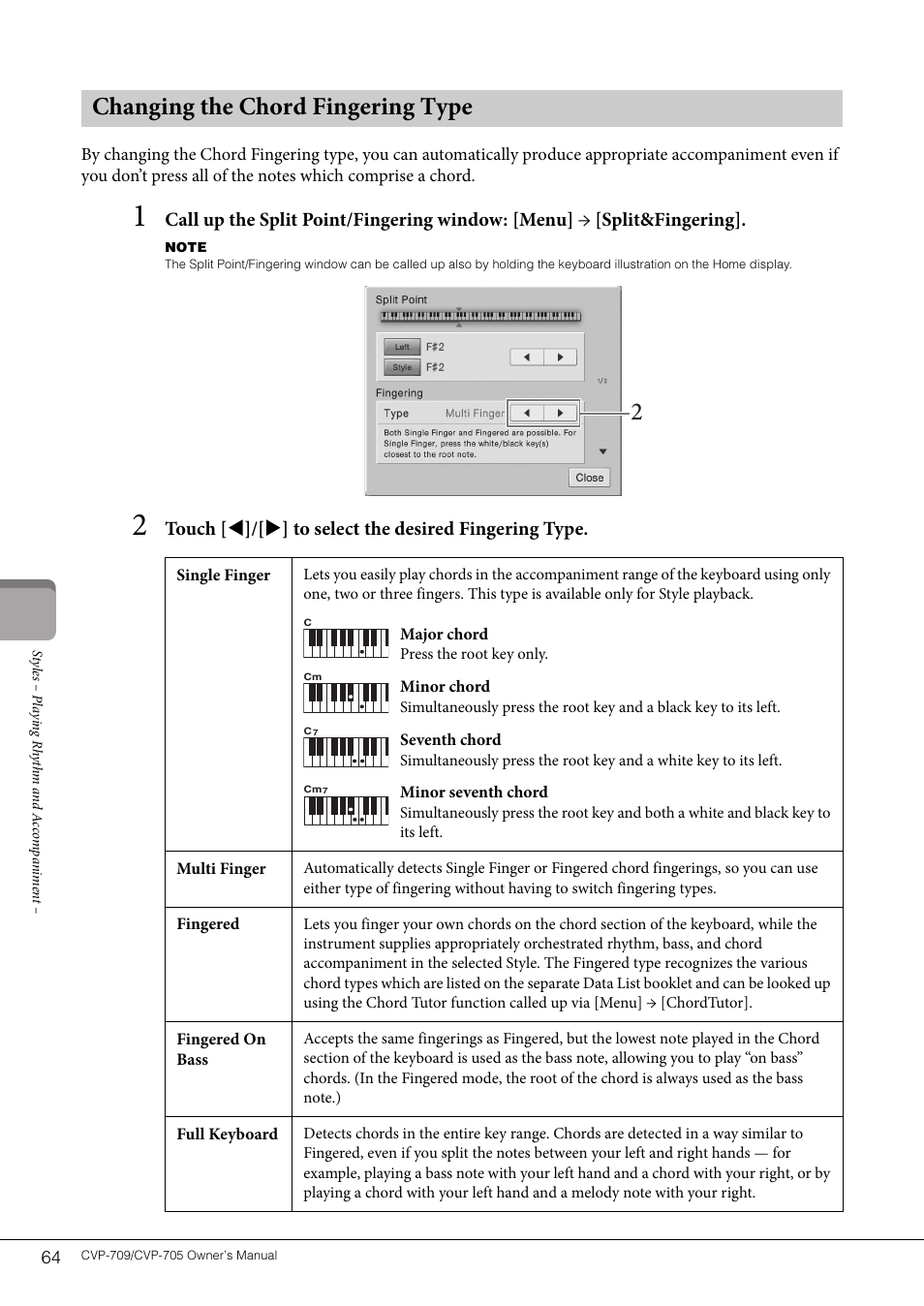 Changing the chord fingering type | Yamaha CVP-705B User Manual | Page 64 / 128