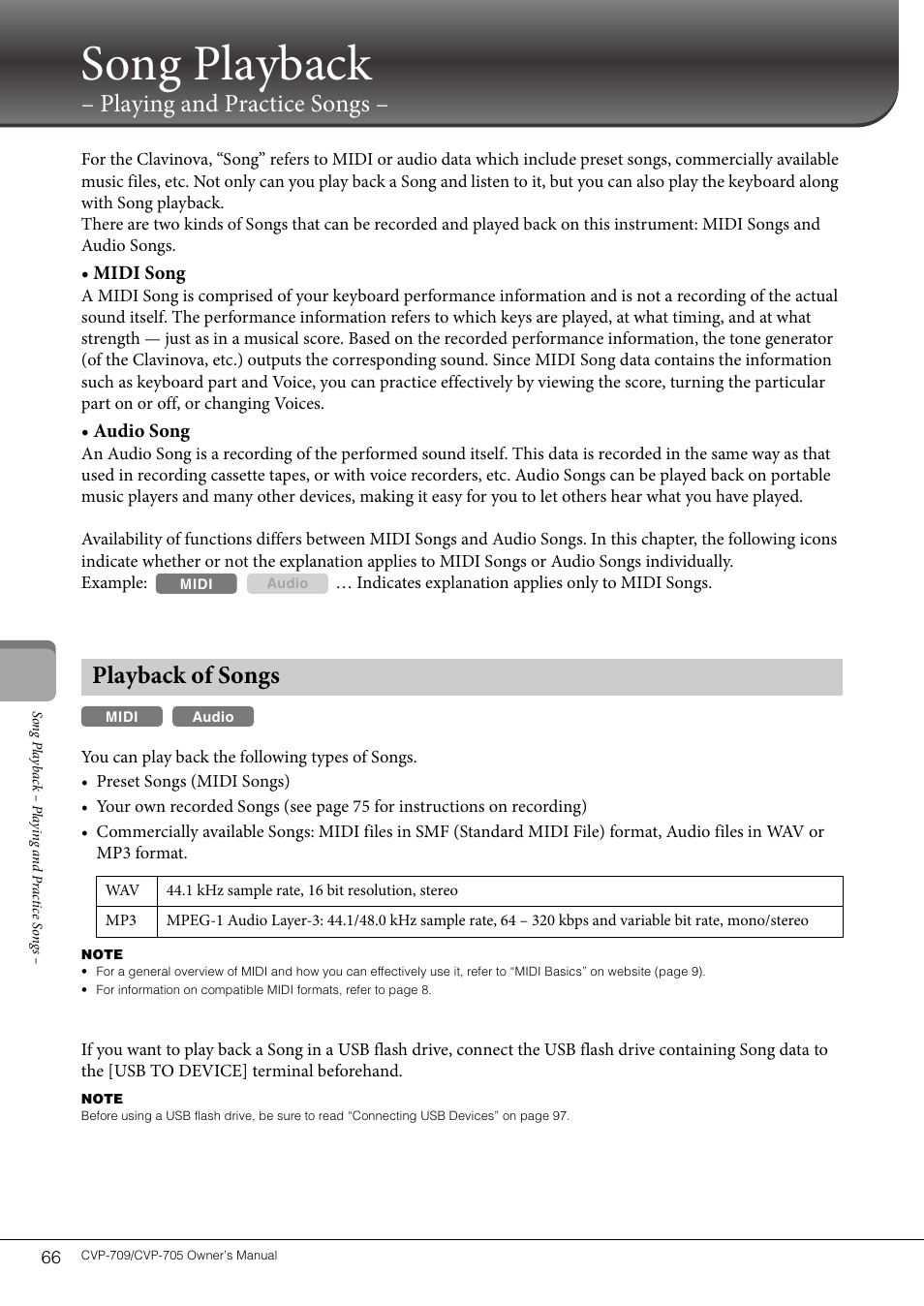 Song playback – playing and practice songs, Playback of songs, Song playback | Playing and practice songs, Midi song, Audio song | Yamaha CVP-705B User Manual | Page 66 / 128