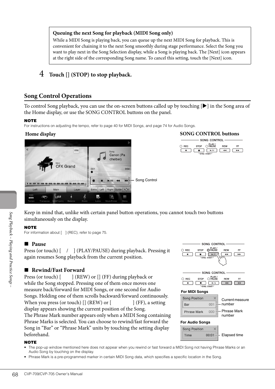 Song control operations, Touch [] (stop) to stop playback, Pause | Rewind/fast forward | Yamaha CVP-705B User Manual | Page 68 / 128
