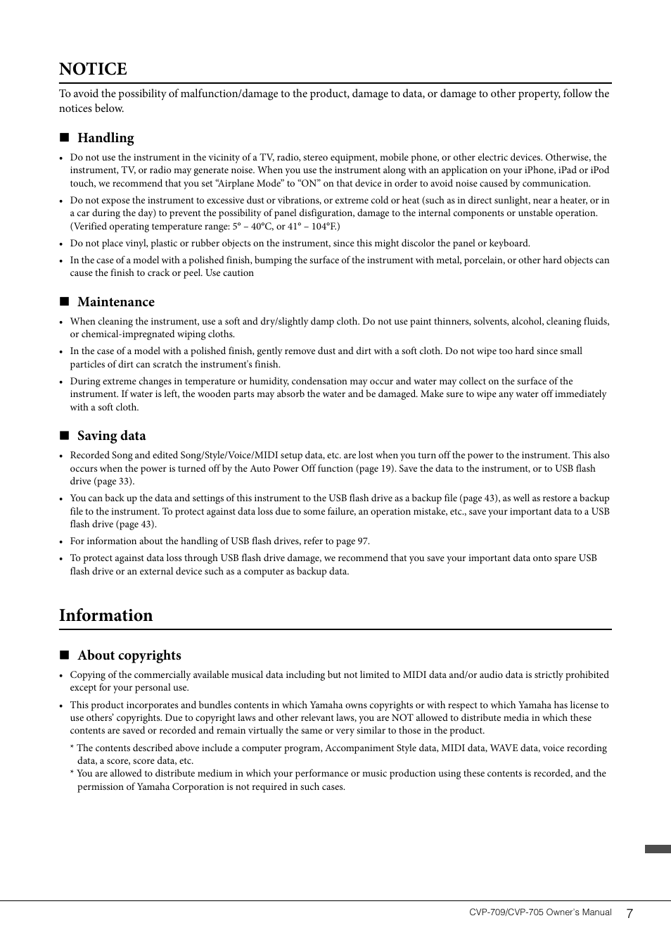 Notice, Information, Handling | Maintenance, Saving data, About copyrights | Yamaha CVP-705B User Manual | Page 7 / 128