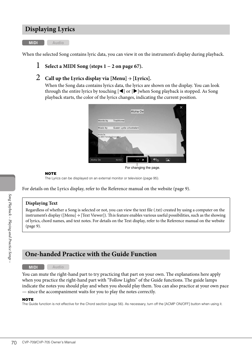 Displaying lyrics, One-handed practice with the guide function, Select a midi song (steps 1 − 2 on page 67 ) | Call up the lyrics display via [menu] → [lyrics | Yamaha CVP-705B User Manual | Page 70 / 128