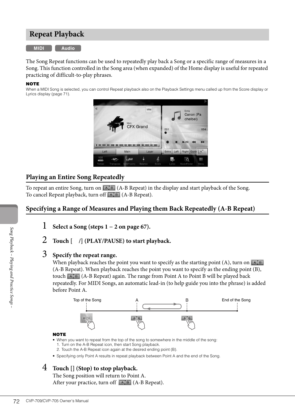 Repeat playback, Playing an entire song repeatedly | Yamaha CVP-705B User Manual | Page 72 / 128