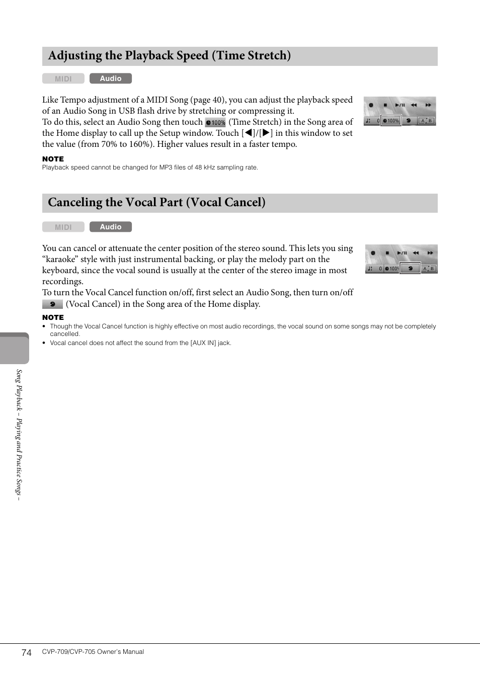 Adjusting the playback speed (time stretch), Canceling the vocal part (vocal cancel) | Yamaha CVP-705B User Manual | Page 74 / 128