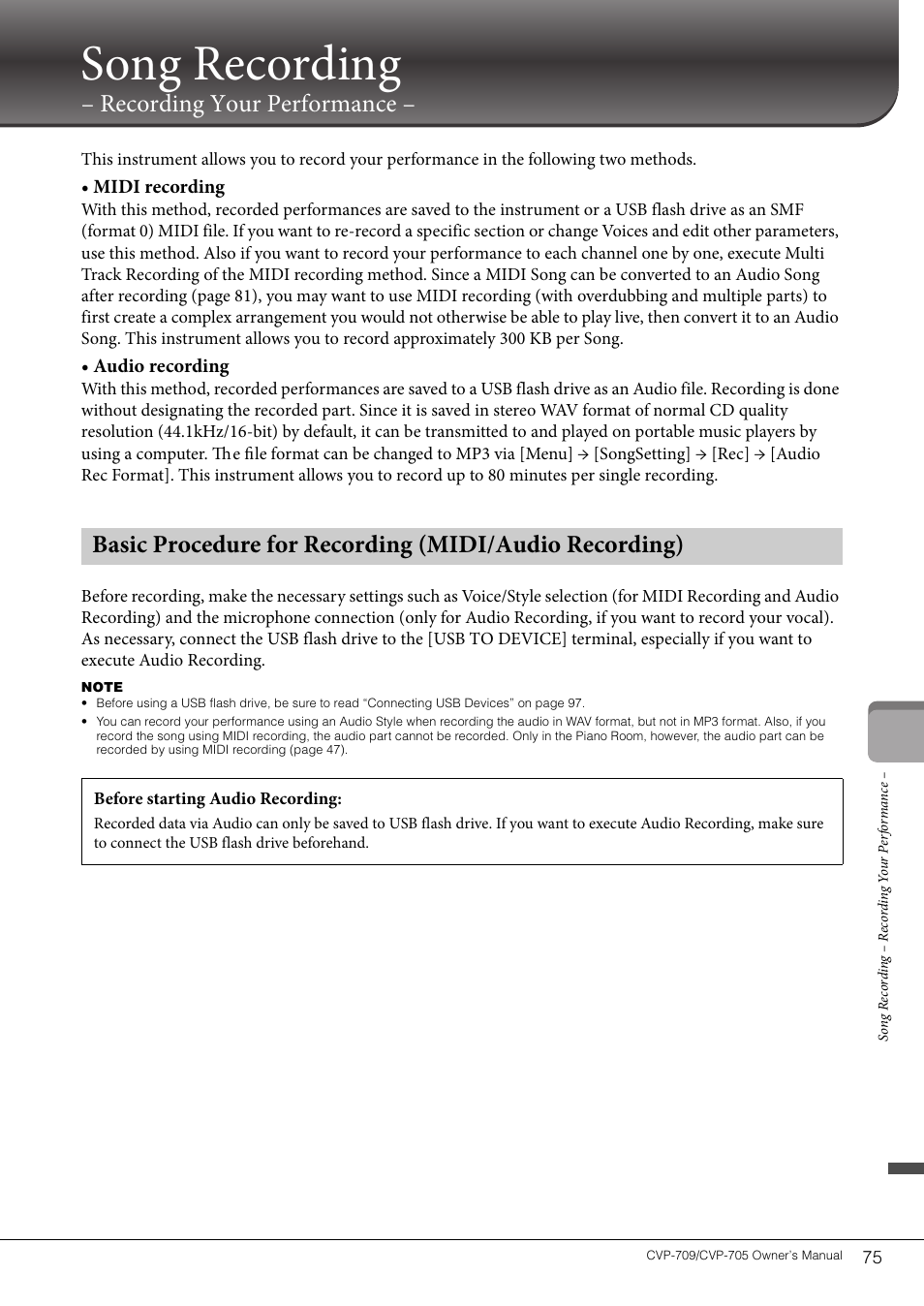 Song recording – recording your performance, Song recording, Recording your performance | Midi recording, Audio recording | Yamaha CVP-705B User Manual | Page 75 / 128