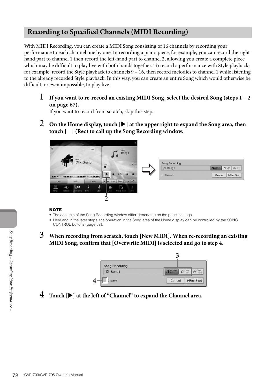 Recording to specified channels (midi recording) | Yamaha CVP-705B User Manual | Page 78 / 128