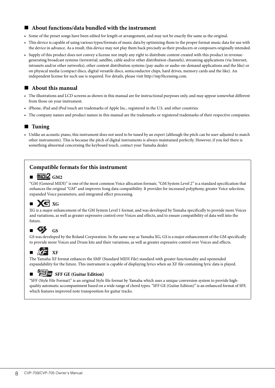 Compatible formats for this instrument, About functions/data bundled with the instrument, About this manual | Tuning | Yamaha CVP-705B User Manual | Page 8 / 128